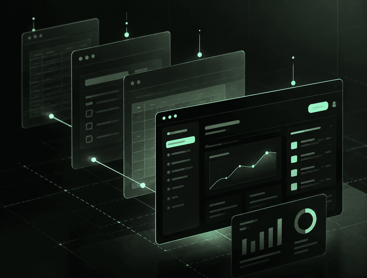 Interface panels in a futuristic dashboard, connected by thin lines, in shades of green on a dark background
